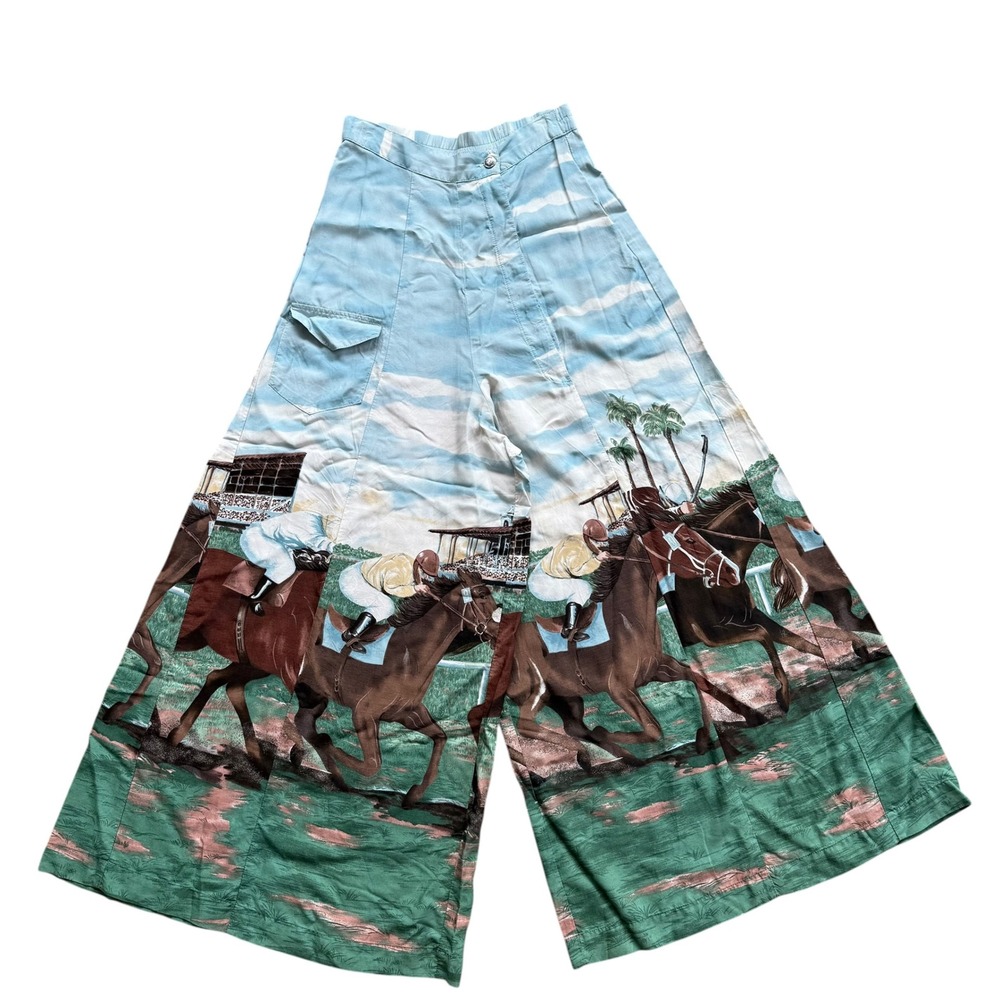 Vintage Novelty Horse Racing Print Wide Leg Pants Equestrian High Waist Blue